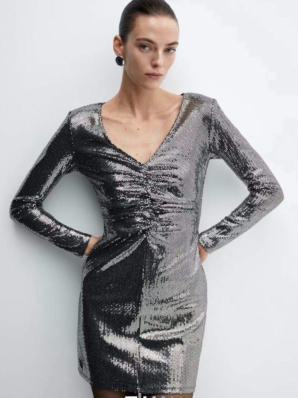 Mango Two-Tone Sequin Long Sleeve Metallic Mini Dress in Silver and Black size S